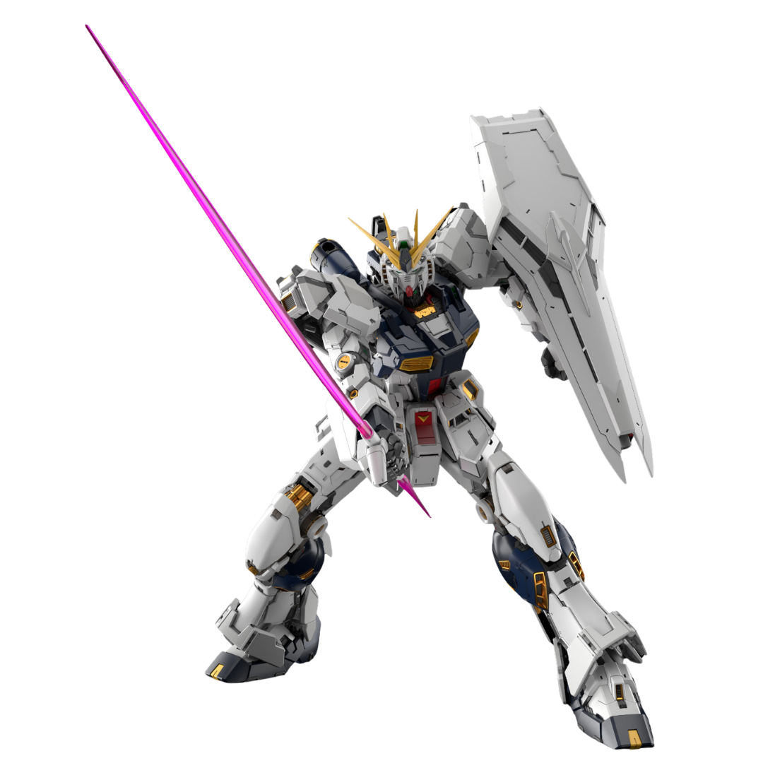 Bandai PG Unleashed RX-93 Nu Gundam with pink beam saber, shield, and detailed armor panels