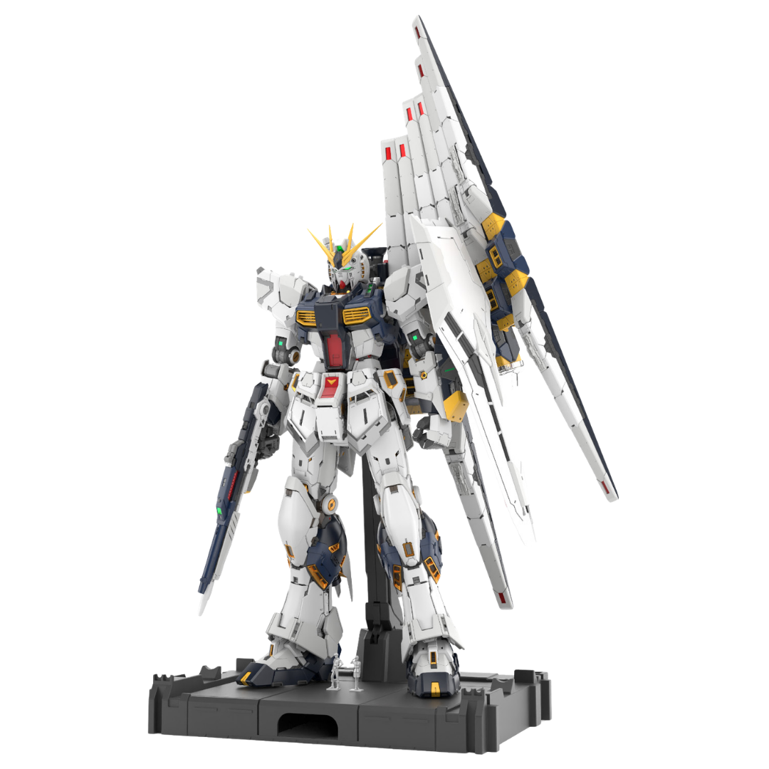 Bandai PG Unleashed RX-93 Nu Gundam front display pose with Fin Funnels, rifle, and display base