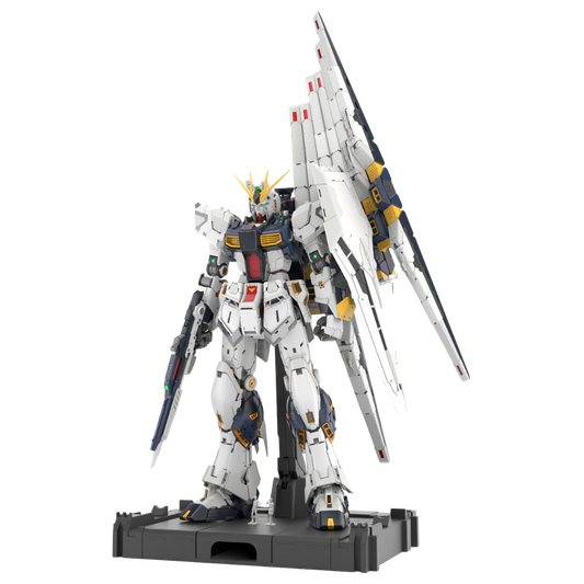 Bandai PG Unleashed RX-93 Nu Gundam front display pose with Fin Funnels, rifle, and display base
