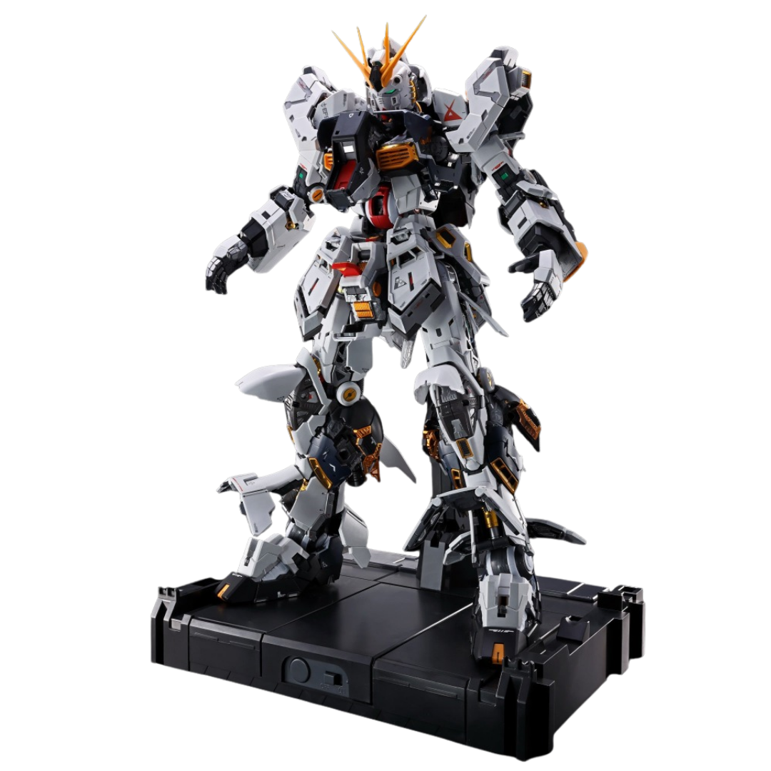 Bandai PG Unleashed RX-93 Nu Gundam internal frame display on dedicated base with exposed details