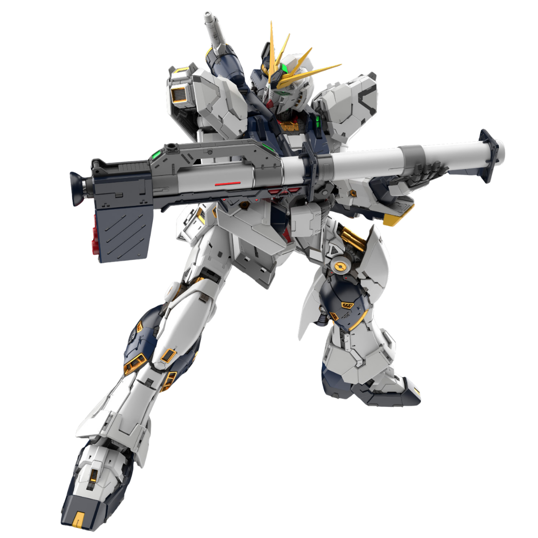 Bandai PG Unleashed RX-93 Nu Gundam posed with New Hyper Bazooka and detailed 1/60 armor