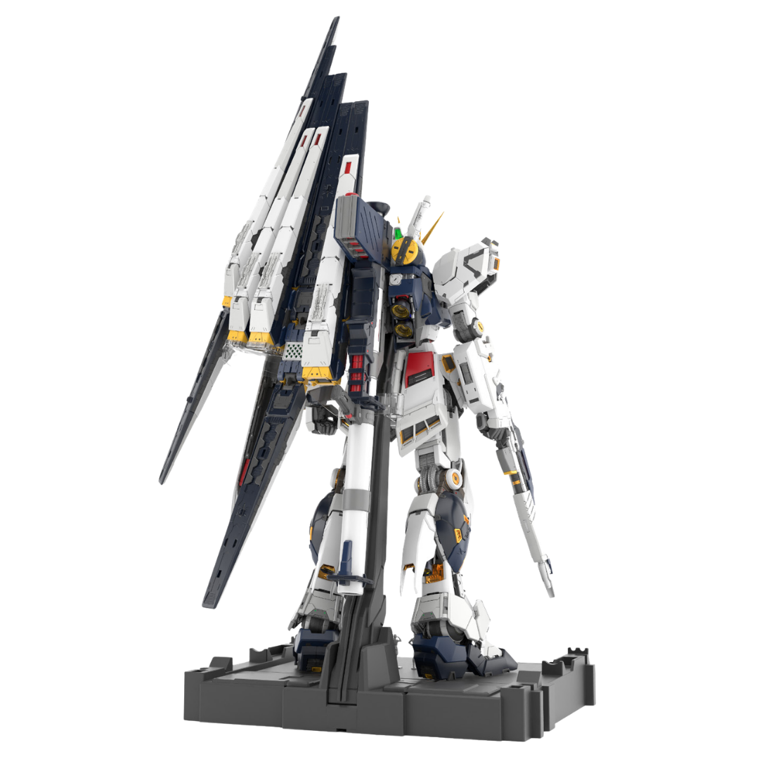 Bandai PG Unleashed RX-93 Nu Gundam front display pose with Fin Funnels, rifle, and display base