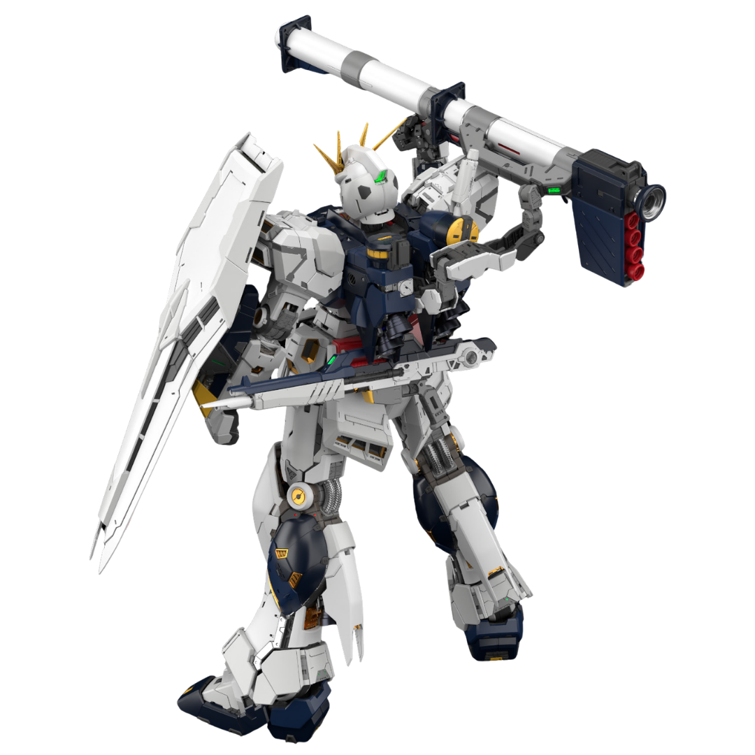 Bandai PG Unleashed RX-93 Nu Gundam rear view holding New Hyper Bazooka with shield equipped