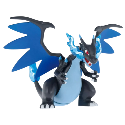 Bandai Pokémon Mega Charizard X model kit front view standing with blue flames and wings spread