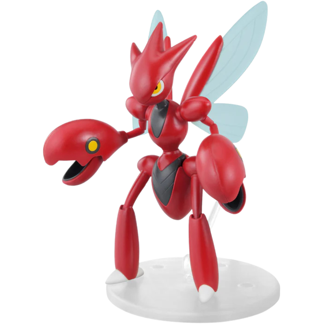 Completed Bandai Pokémon Scizor model posed with wings and claws visible