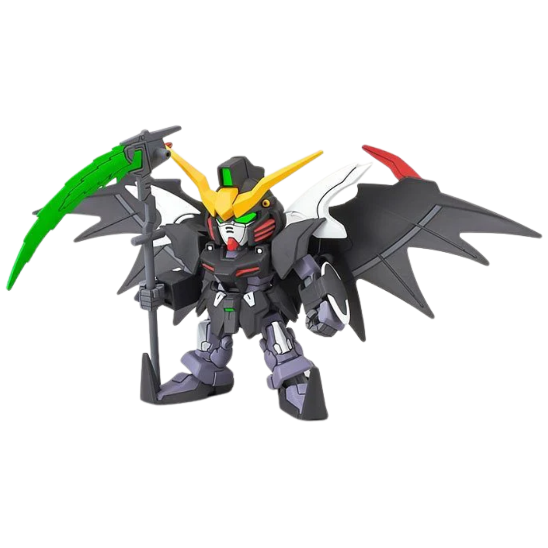 SD EX-Standard Deathscythe Hell EW built kit, three-quarter pose with beam scythe and bat wings, Gundam Wing Endless Waltz