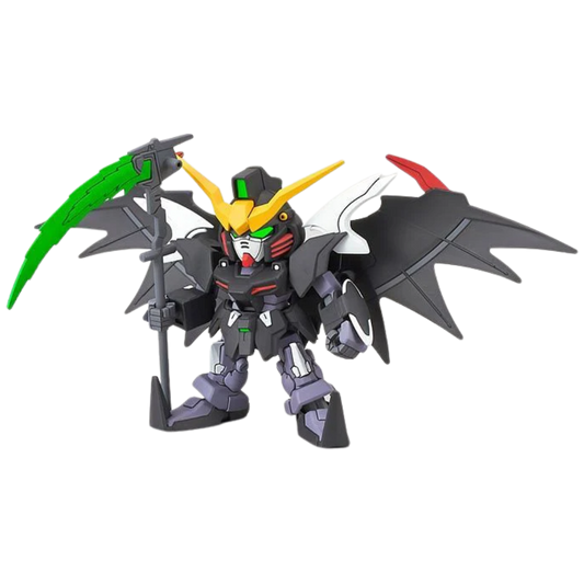 SD EX-Standard Deathscythe Hell EW built kit, three-quarter pose with beam scythe and bat wings, Gundam Wing Endless Waltz