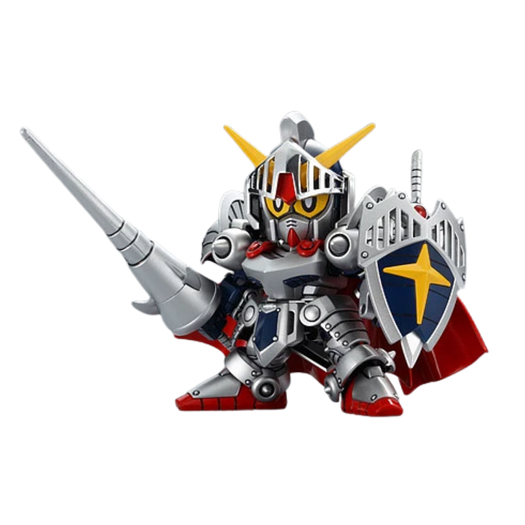 Bandai SD Legend BB Knight Gundam front pose with lance, shield, silver armour, and red cape