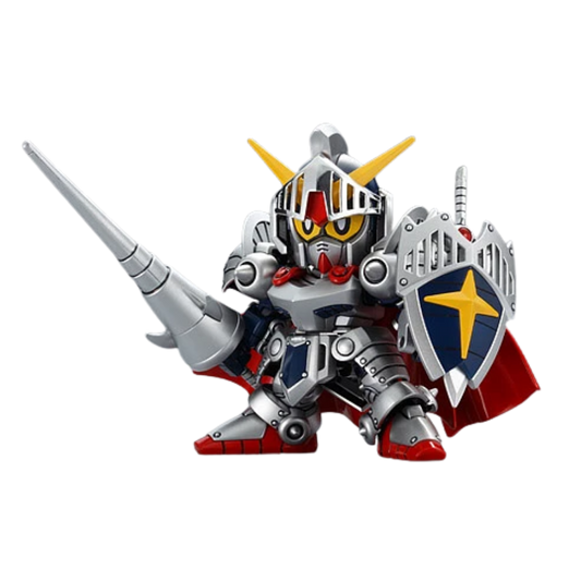 Bandai SD Legend BB Knight Gundam front pose with lance, shield, silver armour, and red cape