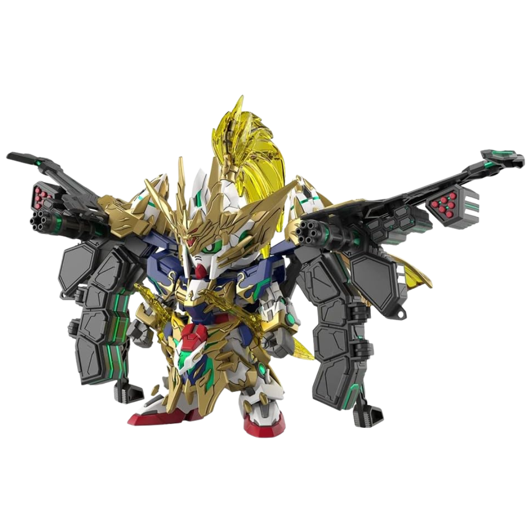 Bandai SDW Heroes Zhao Yun 00 Gundam Command Package built model, front pose with spear and shield, SD Gunpla display