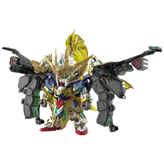 Bandai SDW Heroes Zhao Yun 00 Gundam Command Package built model, front pose with spear and shield, SD Gunpla display