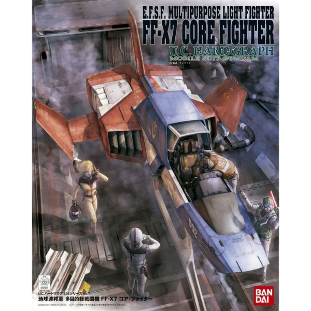 Bandai UCHG Core Fighter Mobile Suit Gundam model kit box art with FF-X7 aircraft hangar scene