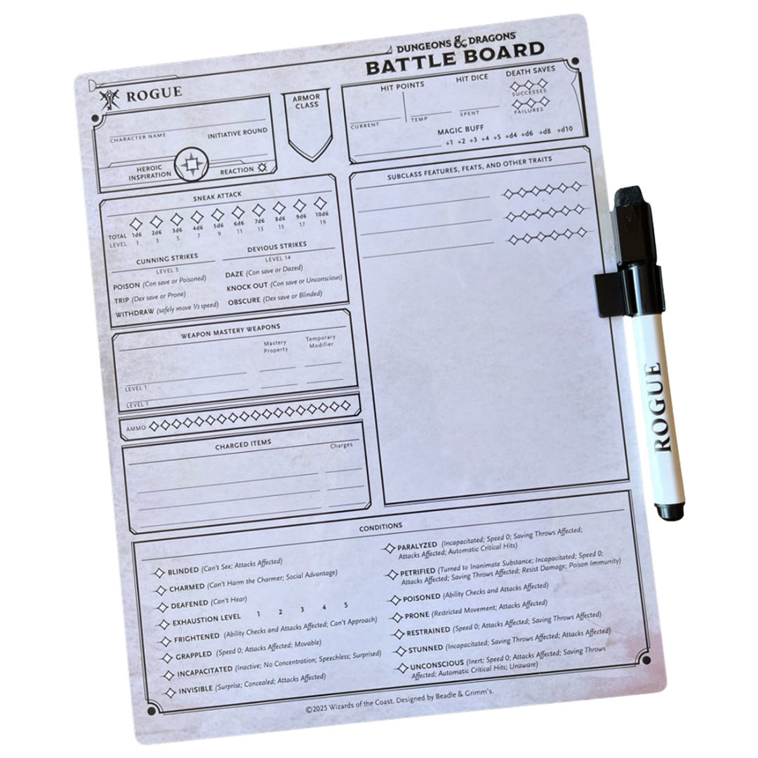 Beadle & Grimm’s Rogue Battle Board for DND with marker and class-specific tracking layout