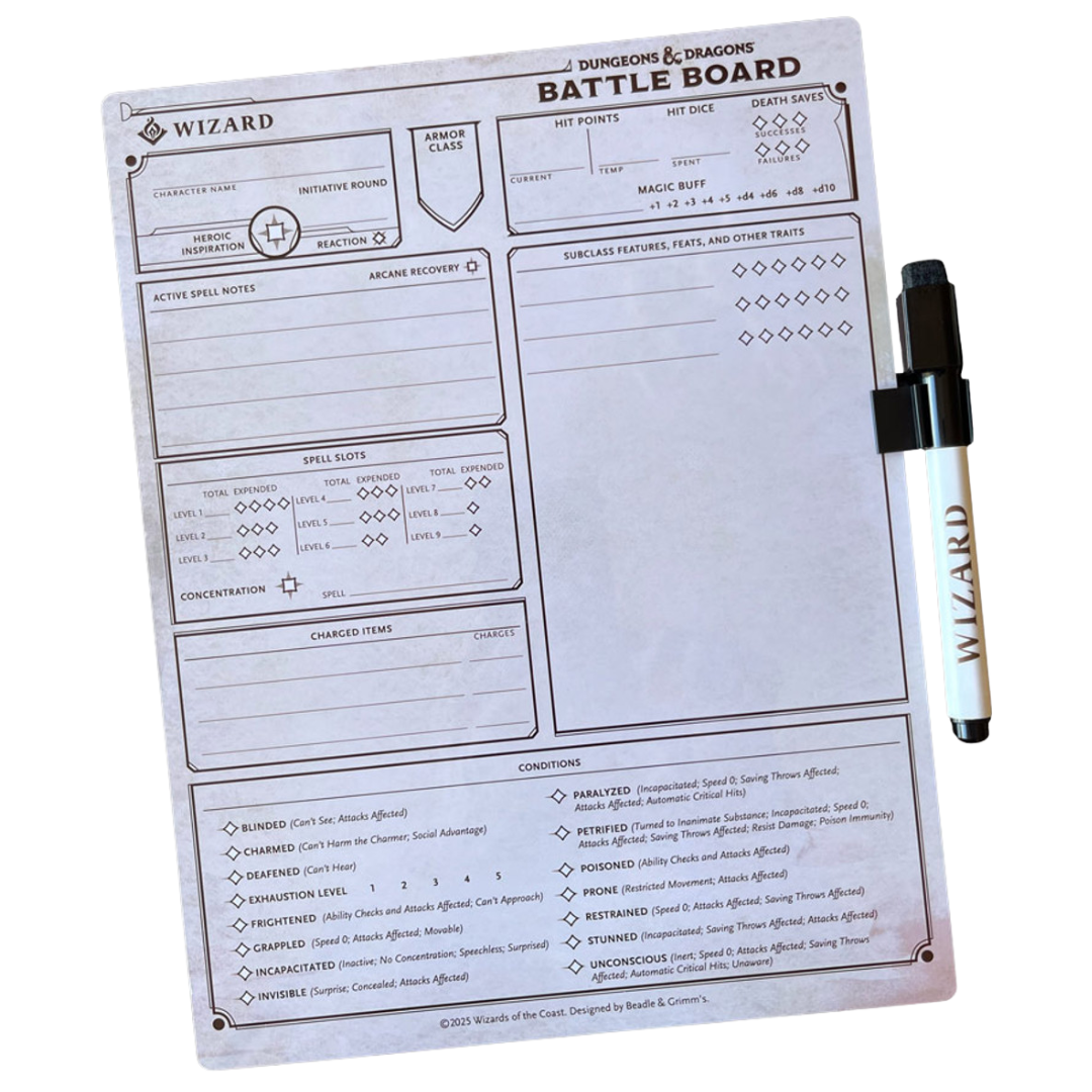 Beadle & Grimm’s DND Battle Board Wizard class edition with dry-erase marker and spell tracking layout
