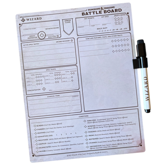 Beadle & Grimm’s DND Battle Board Wizard class edition with dry-erase marker and spell tracking layout