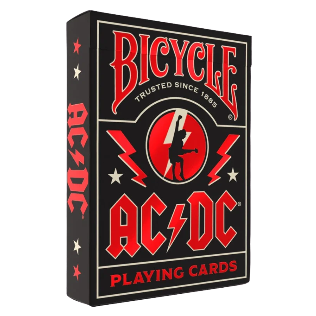 Bicycle AC/DC playing cards deck with red foil tuck case and Angus Young court cards, lightning bolt design