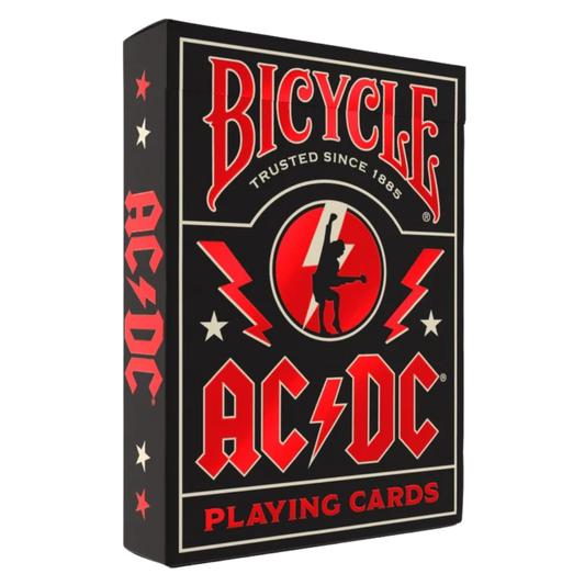 Bicycle AC/DC playing cards deck with red foil tuck case and Angus Young court cards, lightning bolt design