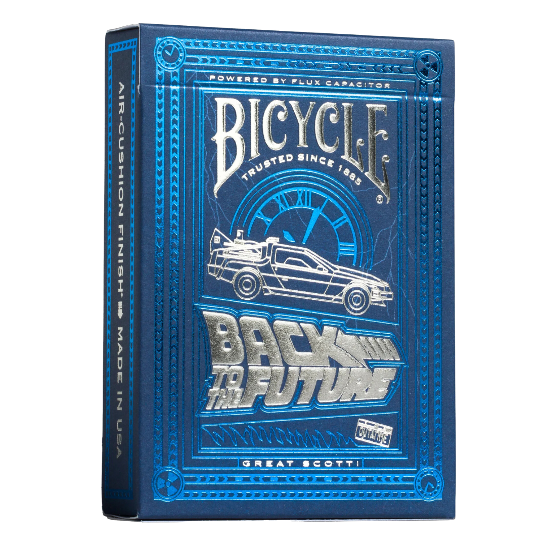 Bicycle Back to the Future Playing Cards featuring iconic artwork from the film trilogy, premium Air-Cushion Finish, and smooth handling for fans and collectors.