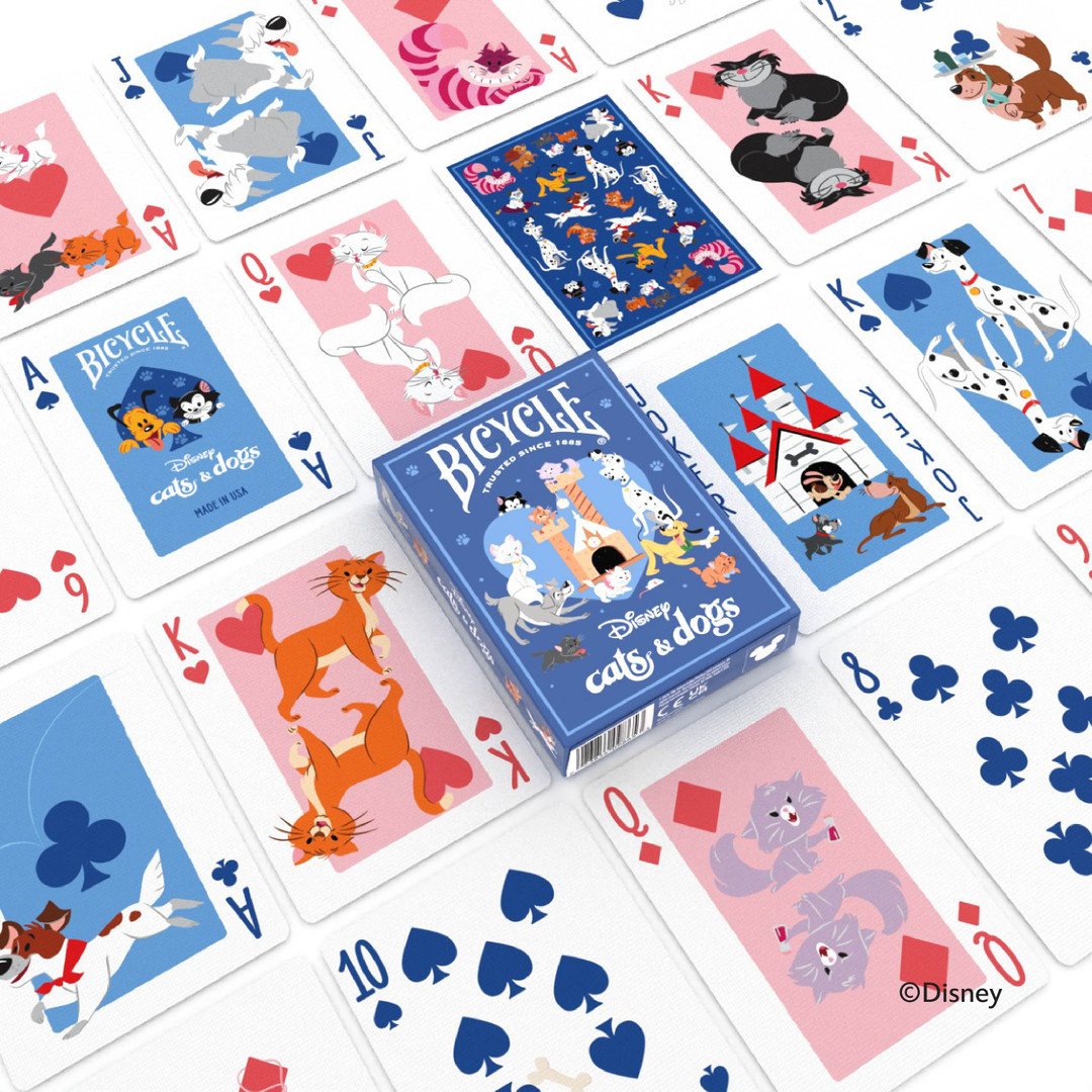 Bicycle Disney Cats and Dogs playing cards with blue tuck case and charming ensemble of iconic Disney cats and dogs