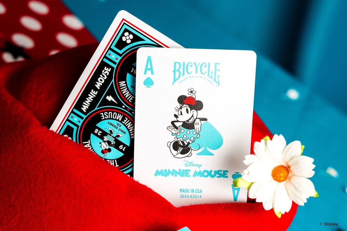 Bicycle Playing Cards Disney Classic Minnie Mouse deck with vintage polka dot design, premium air-cushion finish, and collectible Disney artwork.