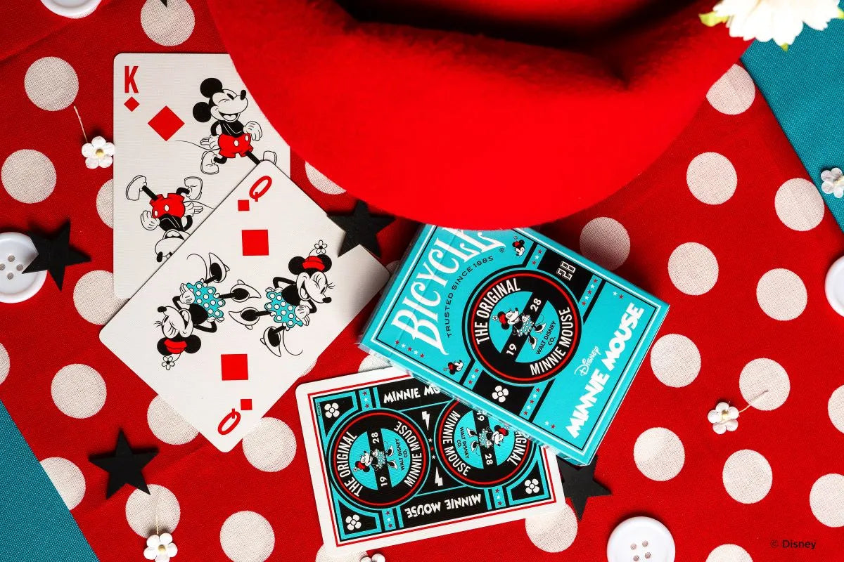 Bicycle Playing Cards Disney Classic Minnie Mouse deck with vintage polka dot design, premium air-cushion finish, and collectible Disney artwork.