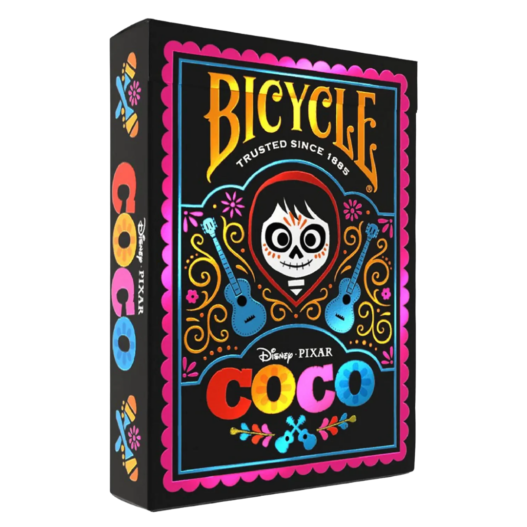 Bicycle Disney Coco playing cards deck with Miguel and Héctor illustrations and vibrant box art