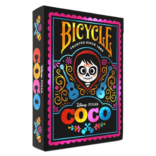 Bicycle Disney Coco playing cards deck with Miguel and Héctor illustrations and vibrant box art