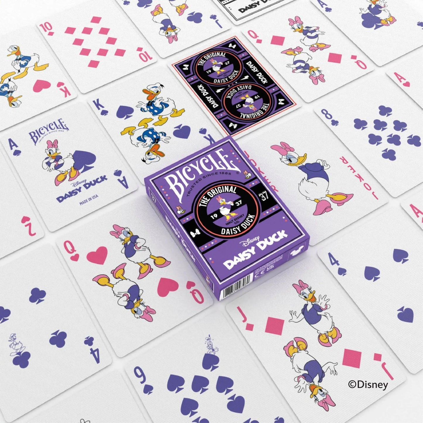 Bicycle Playing Cards with custom Disney Daisy Duck designs, premium deck for collectors, fans, and card game enthusiasts