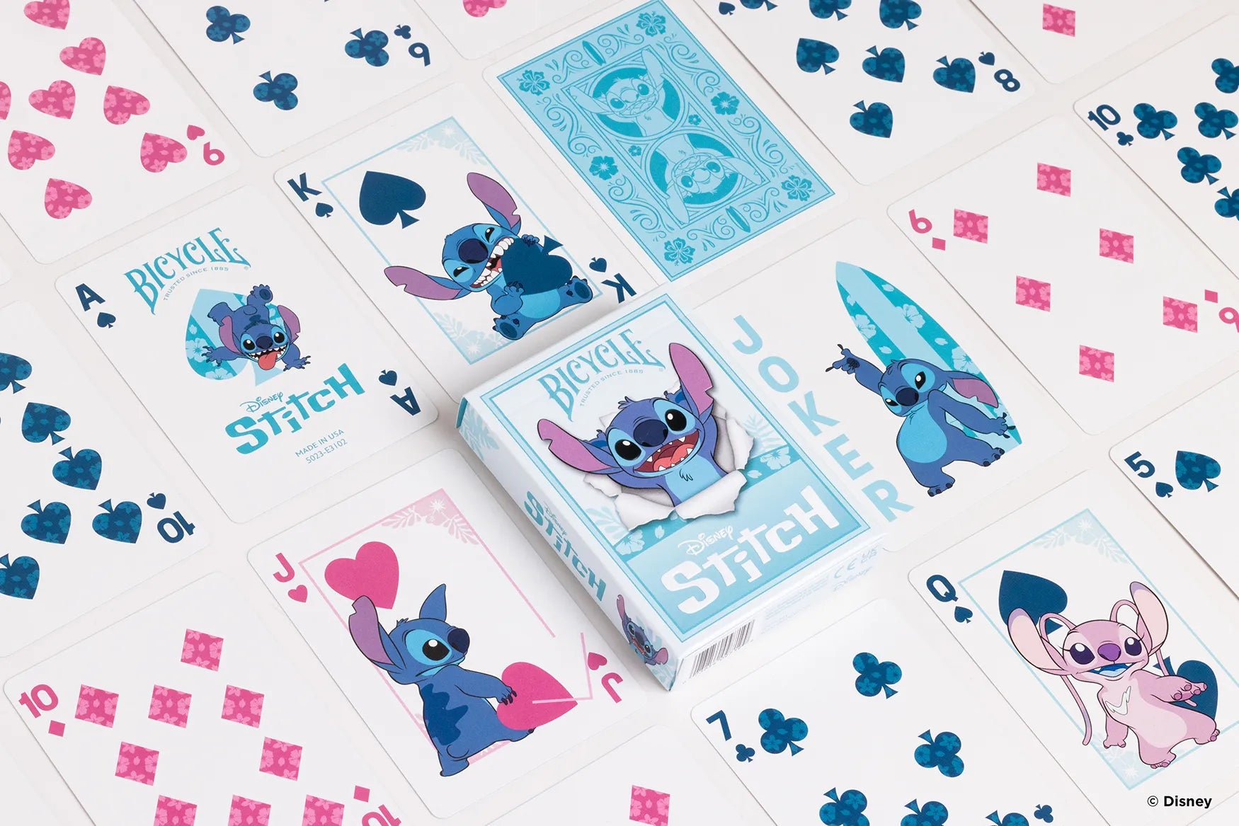 Bicycle Disney Stitch Playing Cards featuring vibrant Lilo & Stitch artwork, premium Air-Cushion Finish, and a fun, playful design for all ages.