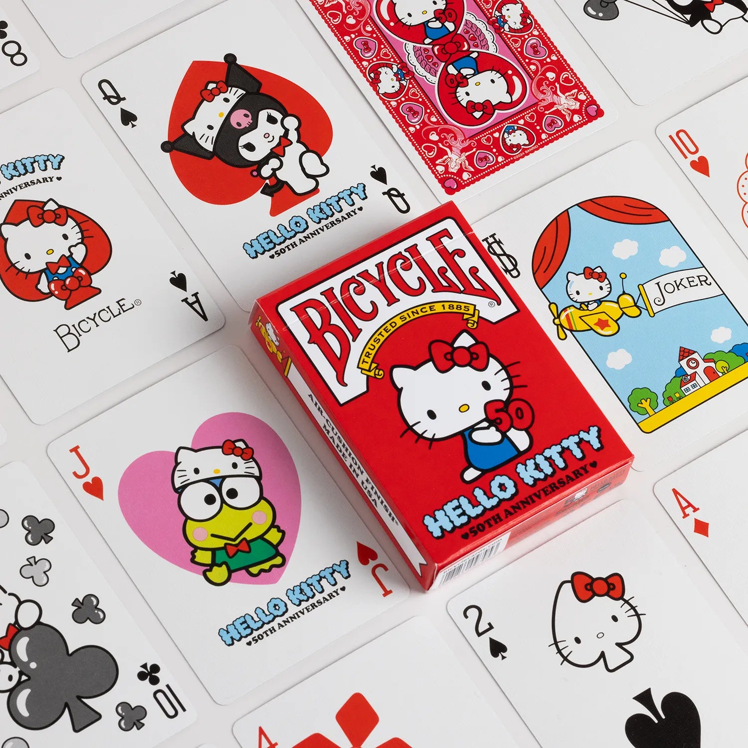 Bicycle Playing Cards - Hello Kitty 50th Anniversary Edition, featuring adorable Hello Kitty artwork and a commemorative tuck box.