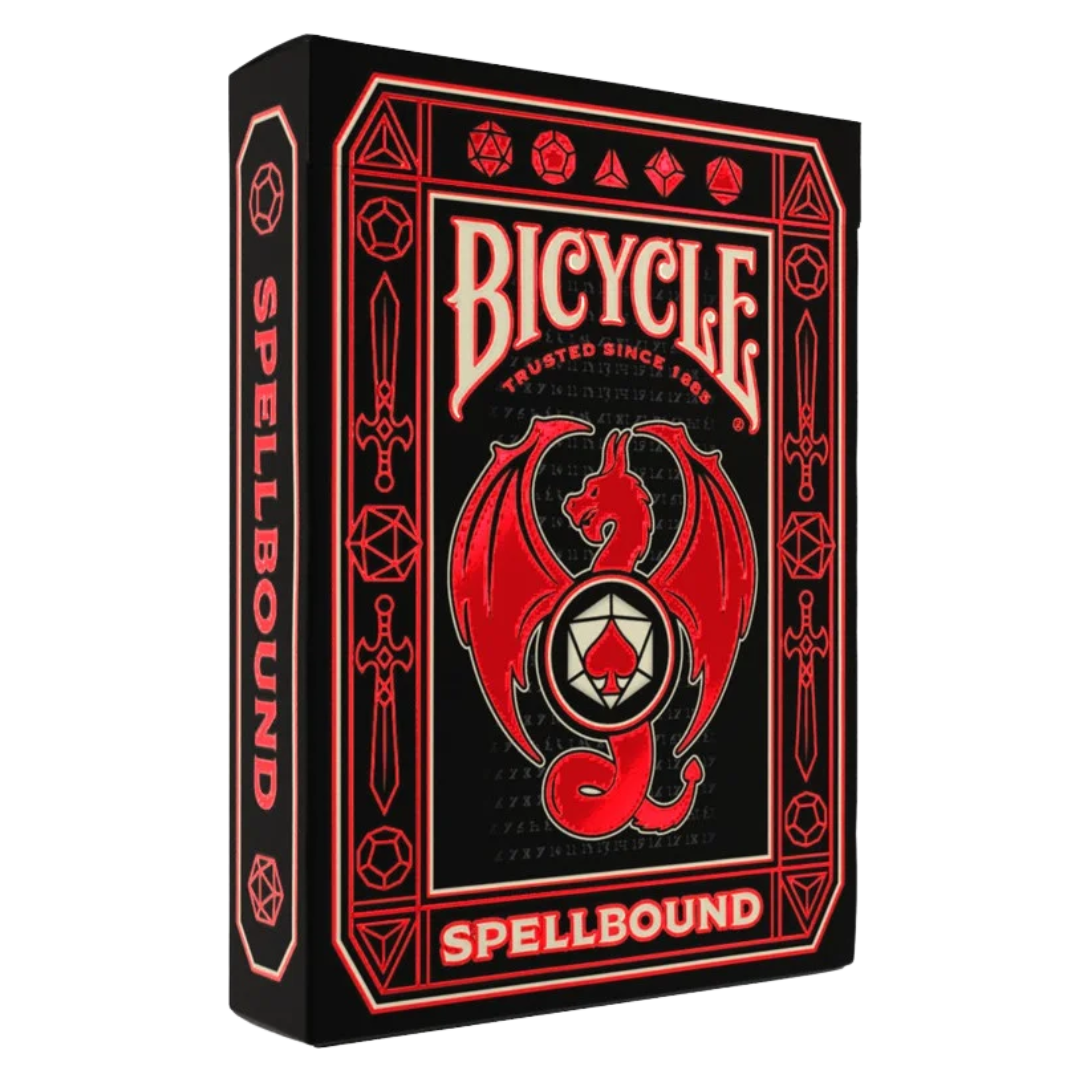 Bicycle Spellbound playing cards with crimson foil tuck case, dragon and sword design, spell‑joker cards