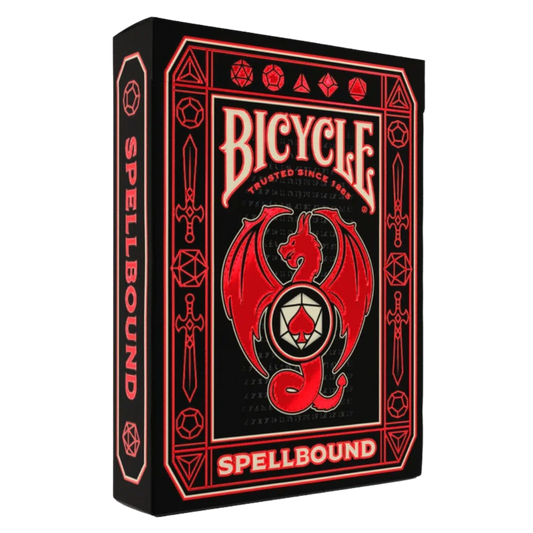 Bicycle Spellbound playing cards with crimson foil tuck case, dragon and sword design, spell‑joker cards