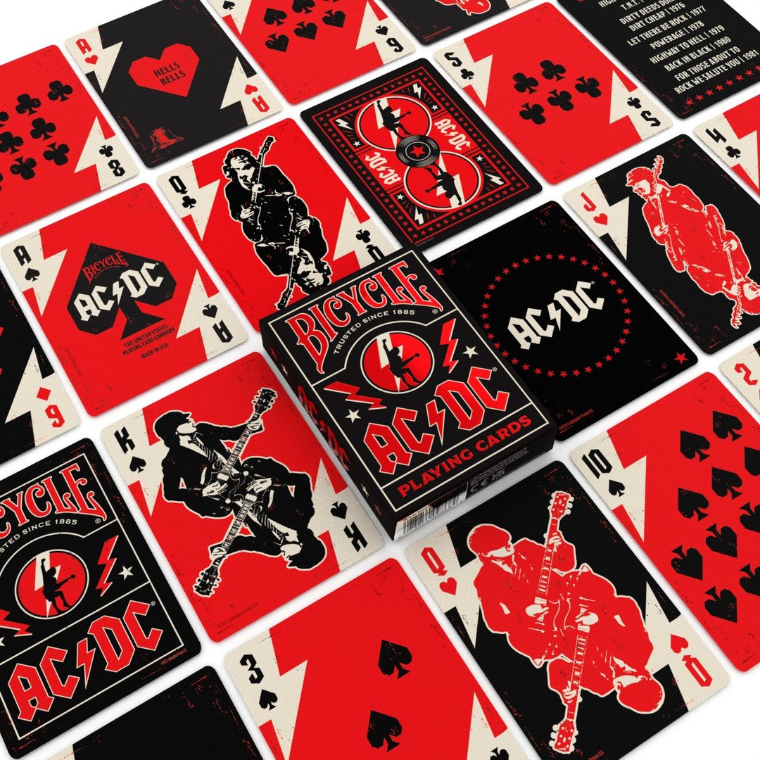 Bicycle AC/DC playing cards deck with red foil tuck case and Angus Young court cards, lightning bolt design