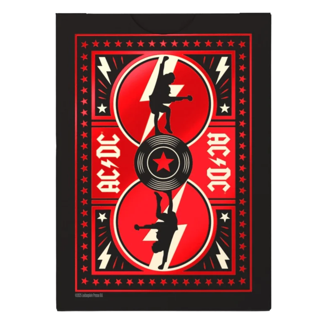 Bicycle AC/DC playing cards deck with red foil tuck case and Angus Young court cards, lightning bolt design