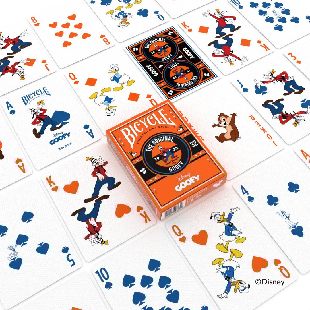 Bicycle Disney Goofy playing cards with embossed spot‑varnished tuck case and custom Goofy and Donald Duck artwork