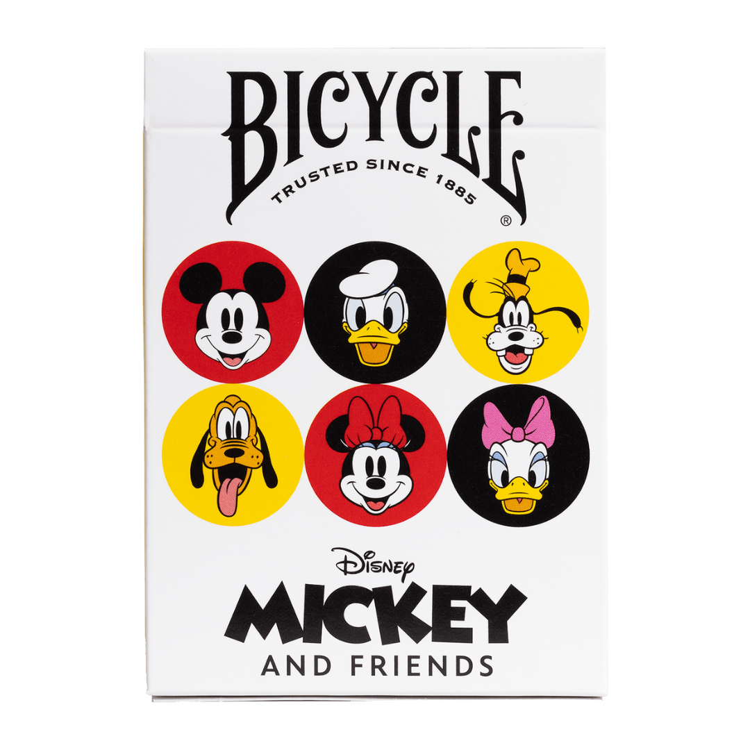Bicycle Playing Cards featuring Disney Mickey and Friends, showcasing iconic characters like Mickey, Minnie, Donald, Daisy, Goofy, and Pluto with vibrant and detailed artwork.