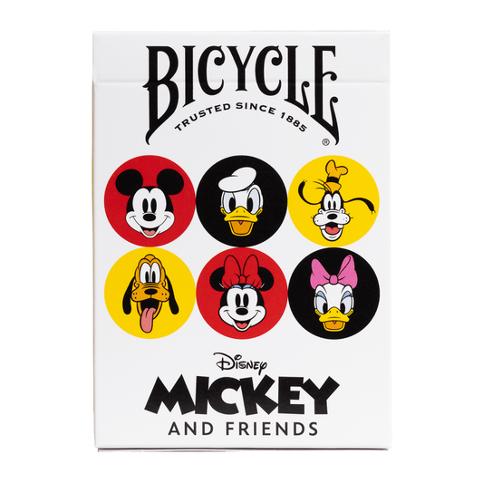 Bicycle Playing Cards featuring Disney Mickey and Friends, showcasing iconic characters like Mickey, Minnie, Donald, Daisy, Goofy, and Pluto with vibrant and detailed artwork.