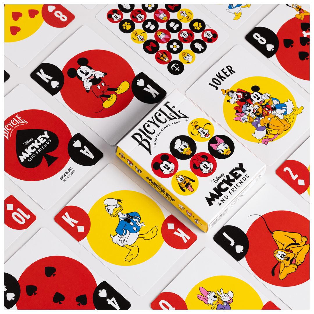 Bicycle Playing Cards Disney Mickey and Friends, featuring characters like Mickey, Minnie, Donald, Daisy, Goofy, and Pluto in vibrant, high-quality design perfect for collectors and game enthusiasts.