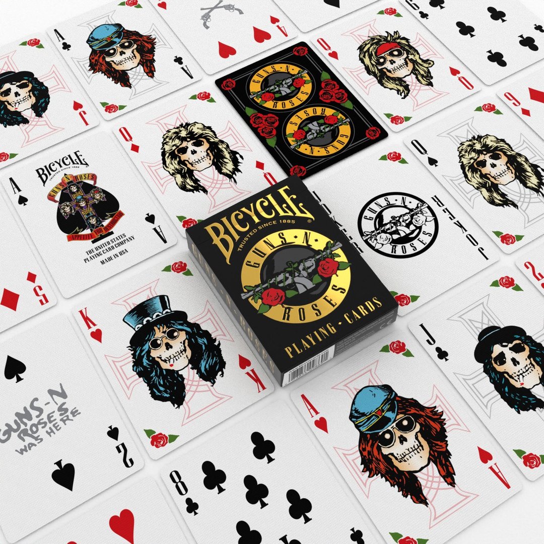 Bicycle Guns N’ Roses playing cards with Appetite for Destruction album art and gold foil tuck case