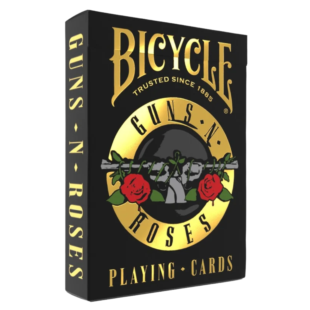 Bicycle Guns N’ Roses playing cards with Appetite for Destruction album art and gold foil tuck case