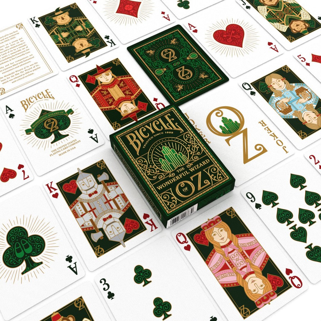 Bicycle Wizard of Oz playing cards with Emerald City green tuck box and gold foil, custom character court cards