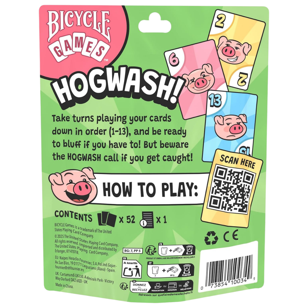 Bicycle Games Hogwash family bluffing card game with 52 cards in a resealable travel pouch for ages 6+ and 3 to 8 players