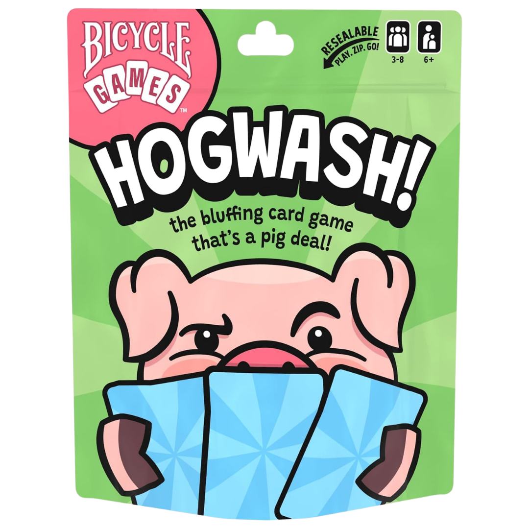 Bicycle Games Hogwash family bluffing card game with 52 cards in a resealable travel pouch for ages 6+ and 3 to 8 players