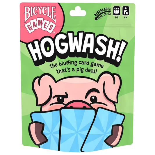 Bicycle Games Hogwash family bluffing card game with 52 cards in a resealable travel pouch for ages 6+ and 3 to 8 players