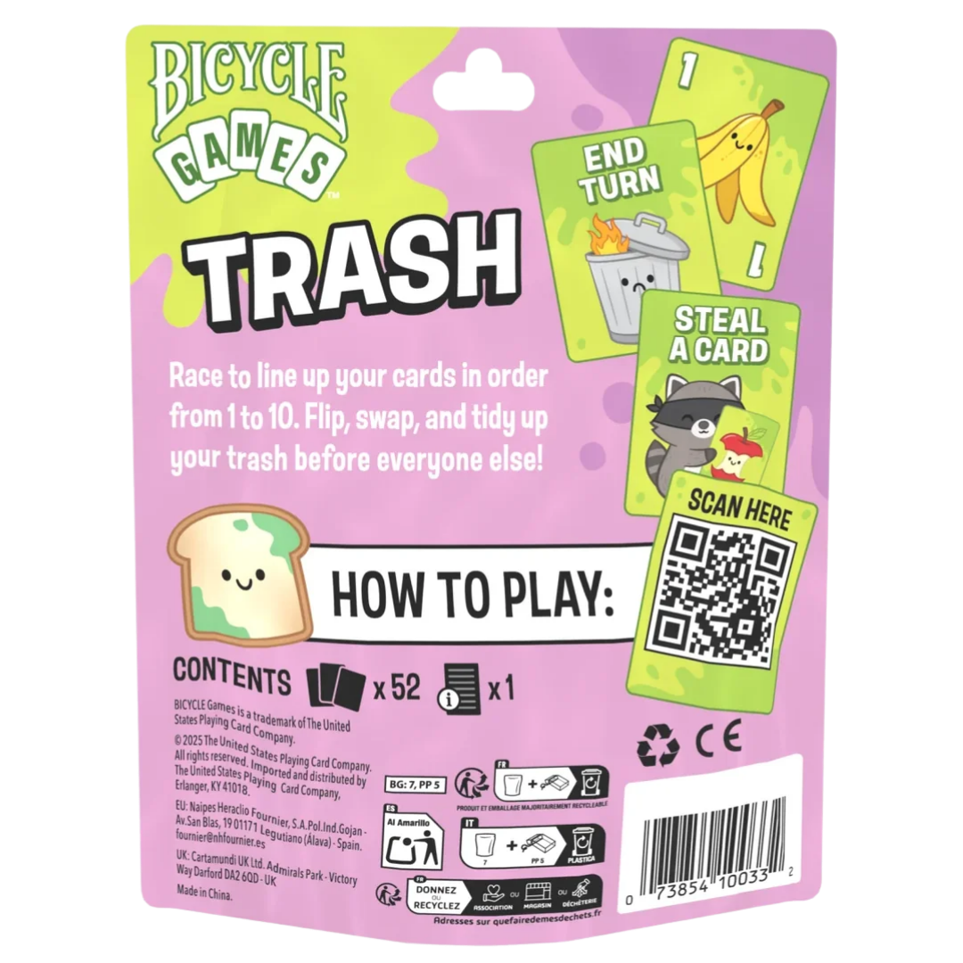 Bicycle Games Trash family card game with 52 cards in a resealable travel pouch for 2 to 4 players ages 6+
