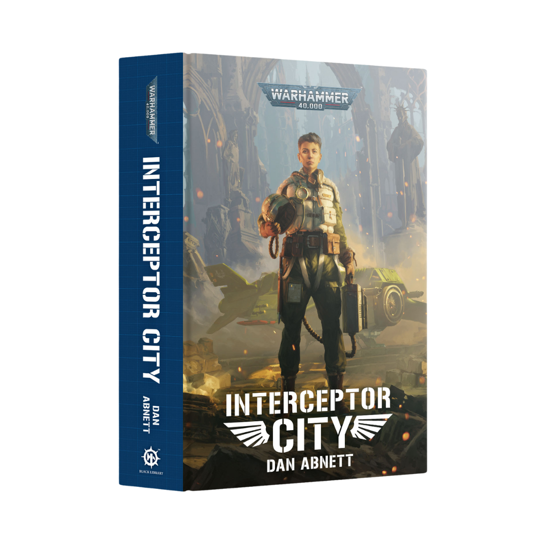 Interceptor City hardcover novel from Black Library, an action-packed Warhammer 40K sci-fi story filled with intrigue, battles, and gripping storytelling.