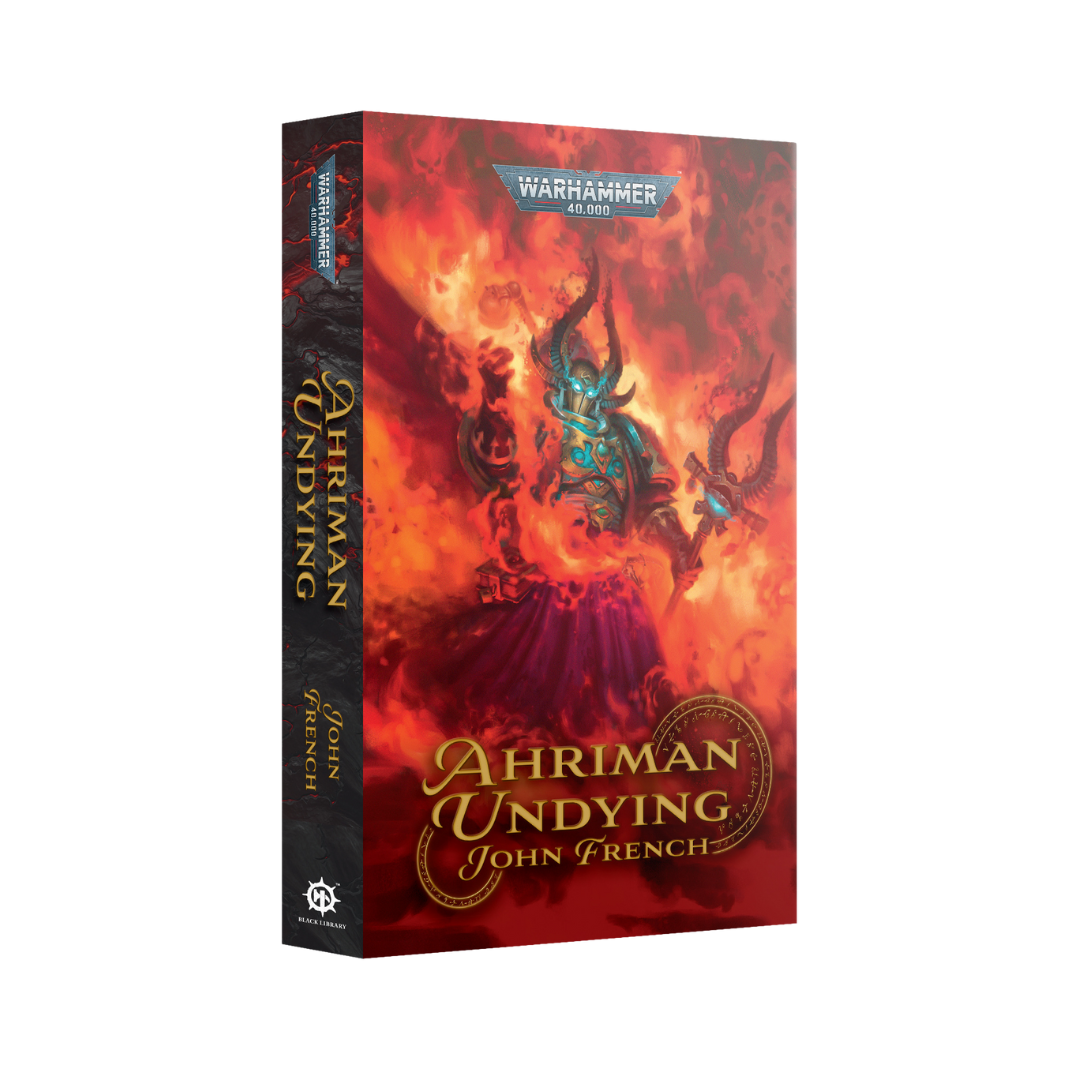 Black Library Ahriman: Undying novel cover featuring powerful Chaos sorcerer Ahriman from Warhammer 40k Thousand Sons lore, dark fantasy sci-fi book.