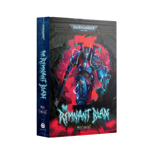 Book cover of 'The Remnant Blade' featuring a Warhammer 40,000 Night Lord Chaos Space Marine in the center