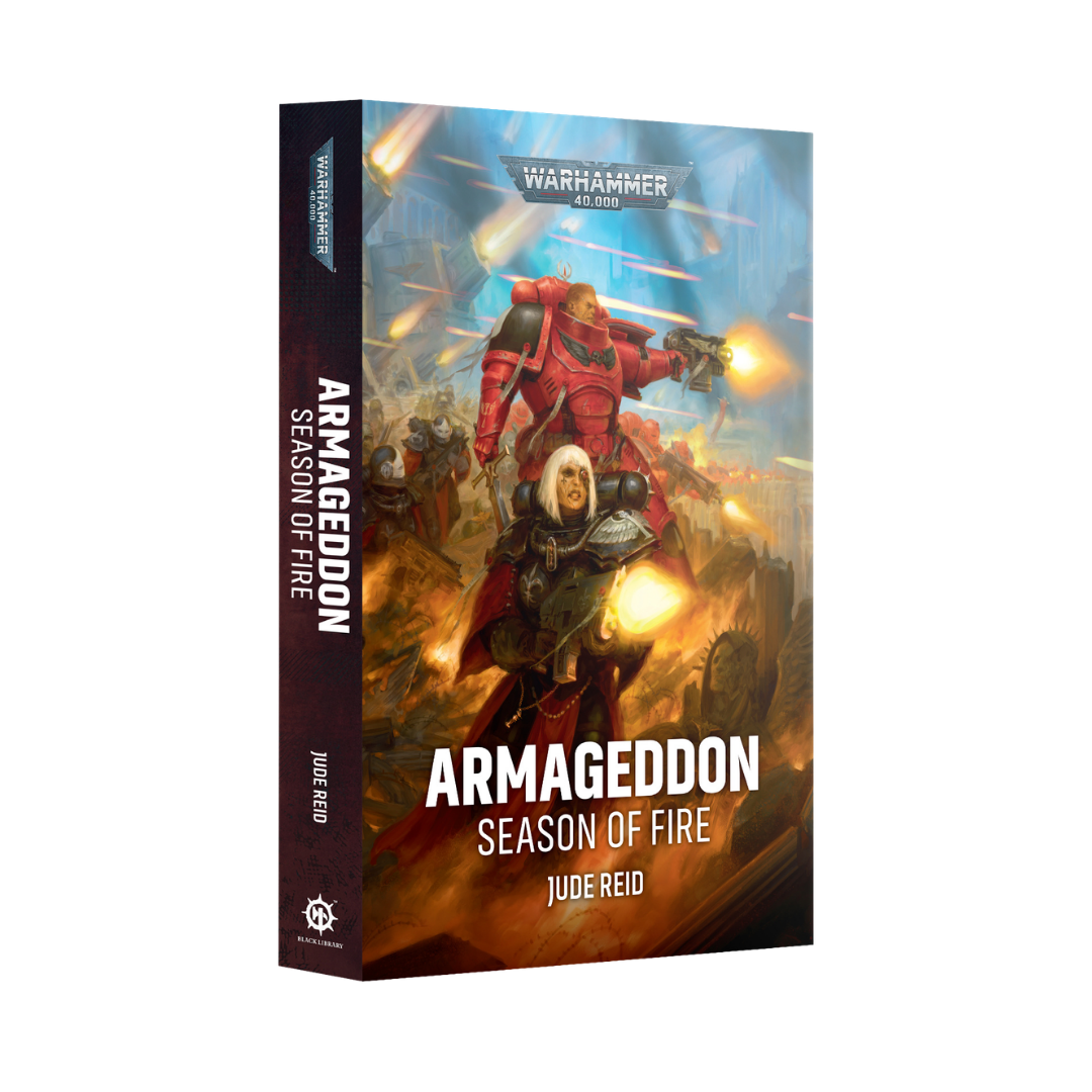 Black Library Armageddon Season of Fire paperback novel by Jude Reid with Warhammer 40,000 battle cover art.