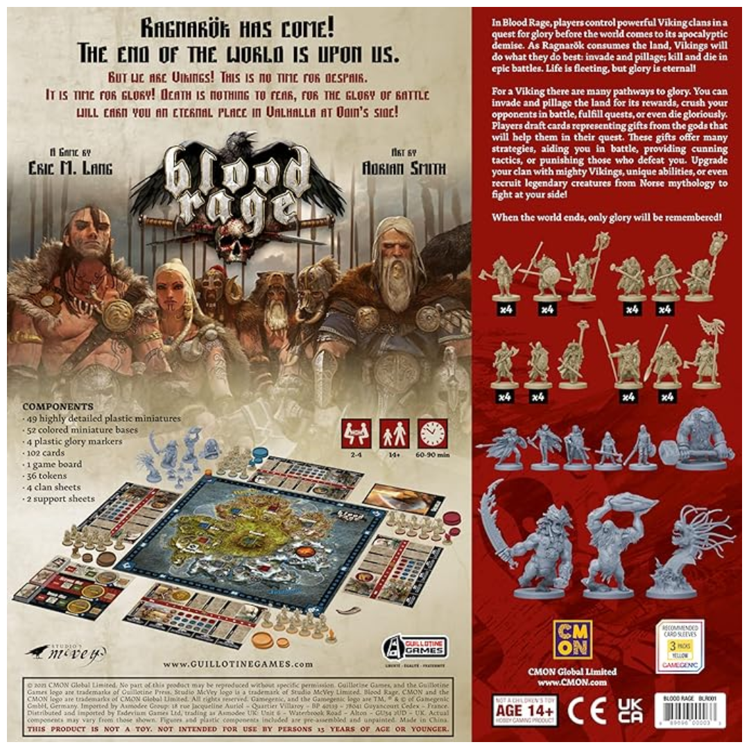 Back of Blood Rage board game box showing Viking artwork, detailed miniatures, game board setup, and component list including figures, cards, and clan sheets.